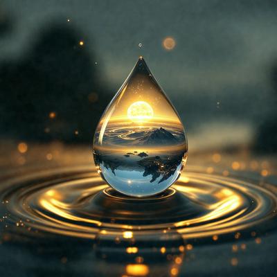 The primary subject of the image is a single drop of water, which is the main focus of the scene. The setting is a nighttime sky, with the sun visible in the background. The visual style is a combination of photo and digital art, creating a unique and artistic representation of the scene. The colors and mood of the image are predominantly dark, with the bright sun and the drop of water as the main sources of light and contrast.